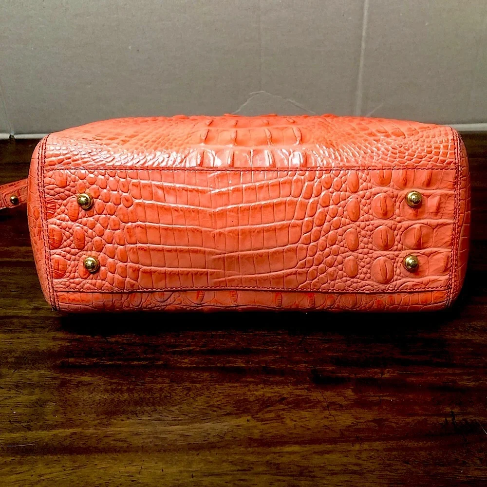 BRAHMIN Croc Embossed Leather Rolled Top Handle Tangerine Satchel Shoulder Bag